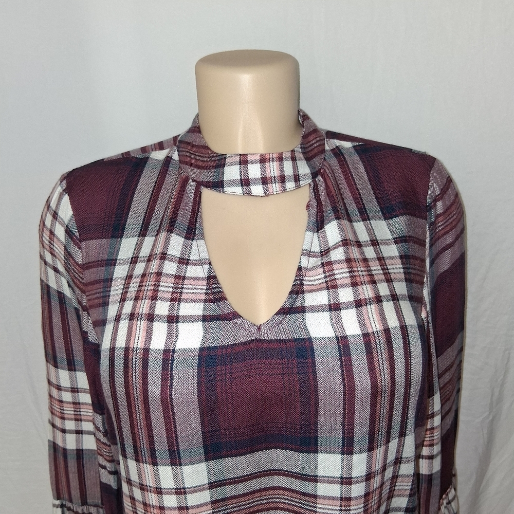 American Rag Cie Plainbell Vtg Burgundy Plaid Choker Blouse.Vtg Boho retro.Casua - Picture 13 of 16